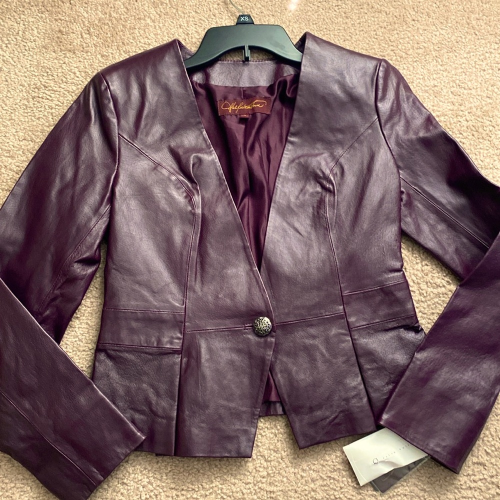 Hal Rubinstein Plum leather jacket with pleat details and matching dust bag New